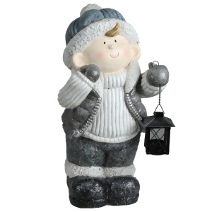 18.5 Snowy Woodlands Little Boy Holding Tea Light Lantern Christmas Tabletop Figure - All