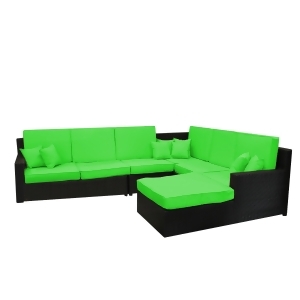 Black Resin Wicker Outdoor Furniture Sectional Sofa Set Lime Green Cushions - All