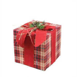 12.5 Square Red Brown and Green Plaid Gift Box with Pine Bow Table Top Christmas Decoration - All