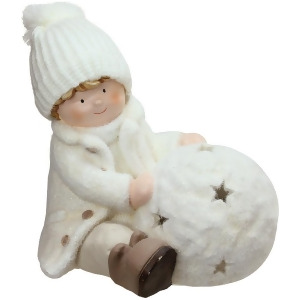 12.5 White Tealight Snowball with Sitting Boy Christmas Candle Holder - All