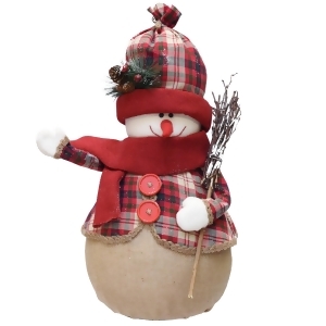 22 Red and Brown Plaid Snowman with Broom Scarf and Hat Table Top Christmas Figure - All
