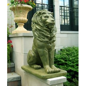 Set of 2 Regal Sitting Lion Cast Stone Concrete Moss Finish Outdoor Garden Statues - All