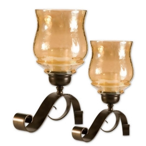 Set of 2 Antiqued Bronze and Amber Glass Candle Holders with Candles 14 - All
