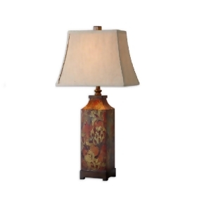 32 Colorful Flower Print and Burnished Walnut Table Lamp with Ivory Shade - All