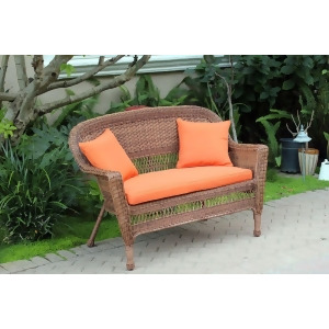 51 Honey Resin Wicker Outdoor Patio Garden Love Seat Orange Cushion Pillows - All