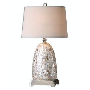 30 Capiz Shell Tile Table Lamp with Nickel Details and Tapered Beige Linen Shade - All