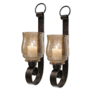 Pack of 2 Antiqued Bronze Amber Glass Candle Holder Wall Sconces w/ Candles 18 - All