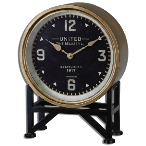 16 Kerala Industrial Style Table Clock with Aged Brass Frame and Black Stand - All