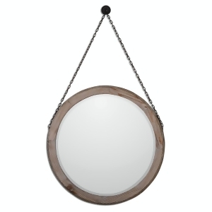 34 Round Beveled Mirror with Stained Wooden Frame and Bronzed Hanging Chain - All