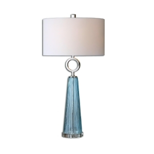 34 Seeded Ribbed Blue Glass and Polished Nickel Table Lamp with White Linen Shade - All