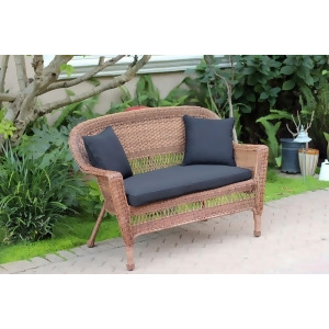 51 Honey Resin Wicker Outdoor Patio Garden Love Seat Black Cushion Pillows - All