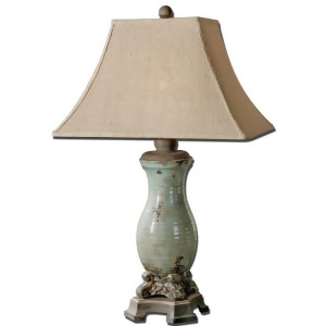 32 Crackled Light Blue Tan and Rustic Bronze Table Lamp with Burlap Shade - All