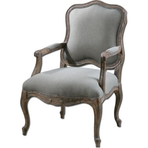 42 Elegant Hand-Carved and Finished Pine Wood Armchair with Slate Gray Fabric - All