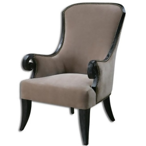 44 Lush Taupe Velvet Armchair with Black Wooden Frame and Brass Studded Accents - All