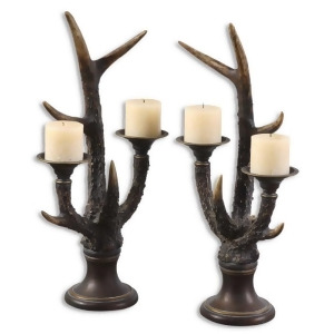 Set of 2 Stag Horn Pedestal Candle Holders with Beige Pillar Candles 24 - All