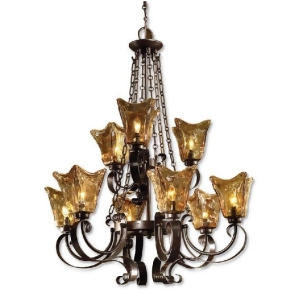 38 Hand-Made Rustic Gold Glass European Iron Works 9-Light Hanging Chandelier - All