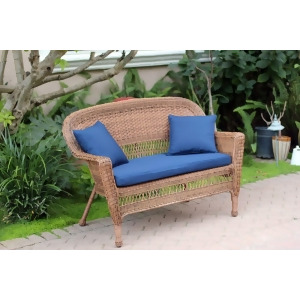 51 Honey Resin Wicker Outdoor Patio Garden Love Seat Blue Cushion Pillows - All