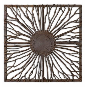 27 Brown Rusted Swirling Square Branch Detailed Hanging Wall Mirror - All