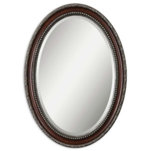 35 Distressed Dark Mahogany Toned and Silver Bordered Oval Beveled Wall Mirror - All