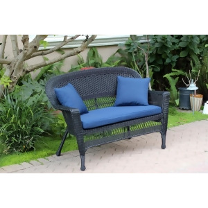 51 Black Resin Wicker Outdoor Patio Garden Love Seat Blue Cushion Pillows - All