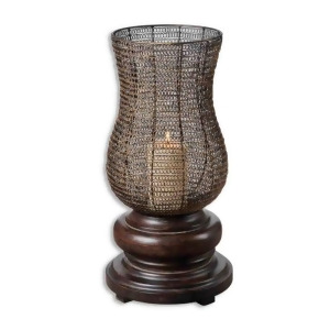 26 Distressed Chestnut and Antiqued Gold Woven Candle Holder with Pillar Candle - All