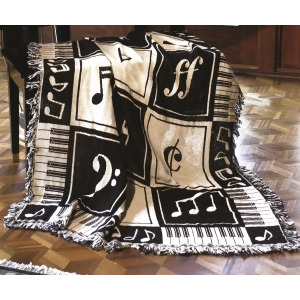 Black and White Musical Notes and Piano Keys Two-Layer Throw Blanket 46 X 60 - All