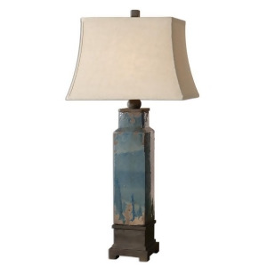 38 Distressed Blue Glazed Rustic Bronze Khaki Linen Table Lamp - All
