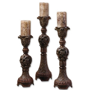 Set of 3 Distressed Walnut Brown Carved Candle Holders with Antiqued Candles 22 - All