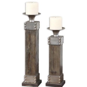 Set of 2 Wood Stained Candle Pillar Holders with Antiqued Silver Accents 18 - All