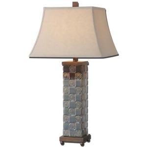 32 Textured Distressed Dark Blue and Dark Bronze Table Lamp with Oatmeal Shade - All