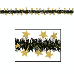 Club Pack of 12 Black and Gold Star Metallic Tinsel New Year Party Garlands 12' Unlit - All