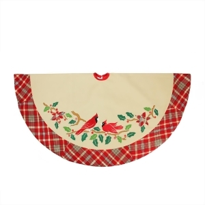 48 Country Cabin Embroidered Cardinal Birds Christmas Tree Skirt with Red Plaid Border - All