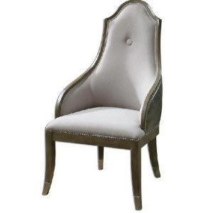 44.75 Unique Natural Linen w/ Nickel Studs Gray Washed Pine Accent Chair - All