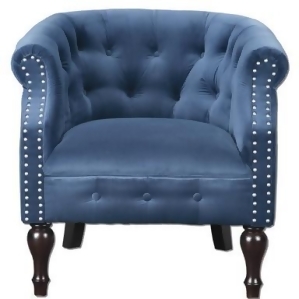 33 Blue Velvet Button Tufted Barrel Back Birch Wood Armchair w/ Nickel Nail Accents - All