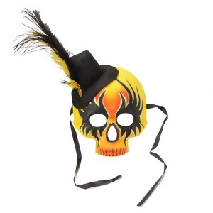 14 Orange Yellow and Black Glam Rock Skull Faux Feathered Halloween Masquerade Mask - All