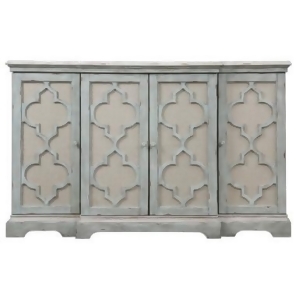 60 Weathered Sea Gray Carved Lattice Linen Backed 4-Door Console Cabinet - All