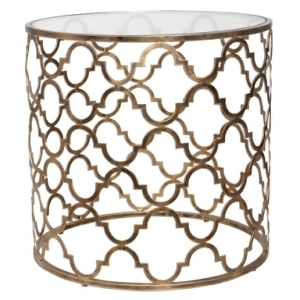 25 Quatrefoil Antique Gold Iron and Clear Tempered Glass Round Accent End Table - All