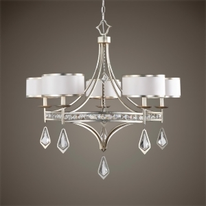 34 Silver Champagne Leaf and Crystal Accents 5-Light Hardback Shades Hanging Chandelier - All