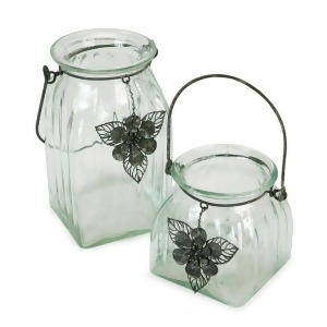 Set of 2 Tea Garden Hanging Glass Jar Pillar Candle Holders with Flower Charm Accents - All