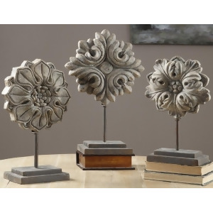 Set of 3 Distressed Light Gray Floral Table Top Accent Pieces on Dark Bronze Stands 15 16 19 - All
