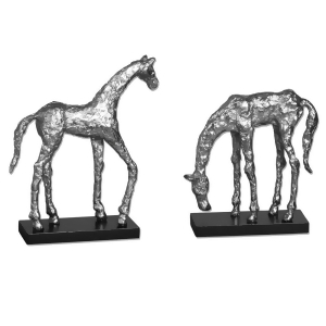 Set of 2 Let's Graze Polished Aluminum Frolicking Horse Statues 10 12 - All