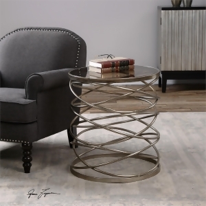 25 Interlaced Rings of Antiqued Silver Iron with Gray Tempered Glass Top Accent Table - All