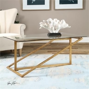 47 Geometrical Inspired Antiqued Gold Leaf Metal and Tempered Clear Glass Rectangular Coffee Table - All