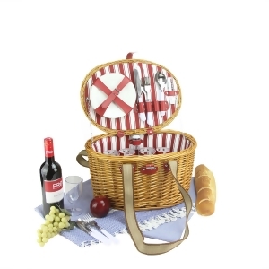 4-Person Hand Woven Honey Willow Striped Picnic Basket Set with Accessories - All
