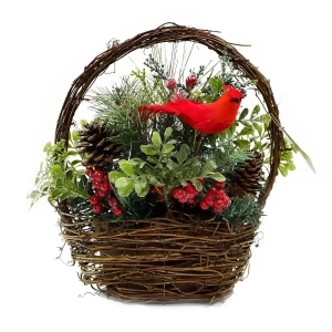 12 Red Cardinal with Berries and Foliage in Twig Basket Christmas Decoration - All