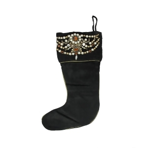 20 Amber and Pearl Beaded Black Velveteen Decorative Christmas Stocking - All