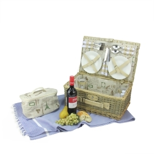 4-Person Hand Woven Scripted Graphical Warm Gray Natural Willow Picnic Basket Set with Accessories - All