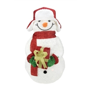 28.5 Lighted White Plush Glittered Tinsel Snowman with Gift Christmas Yard Art Decoration - All