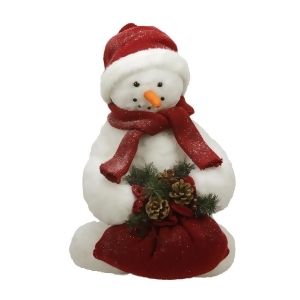 2' White Fluffy Sparkling Glittered Plush Snowman Holding a Bag with Pine Cones Christmas Decoration - All