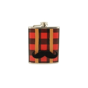 Red and Black Plaid Stainless Steel Lumberjack Drinking Flask with Detachable Mustache 7 oz - All